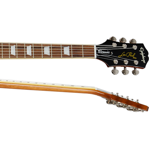 Epiphone Les Paul electric guitar neck and headstock, showing tuning pegs, inlays on fretboard, and signature logo on the black headstock.