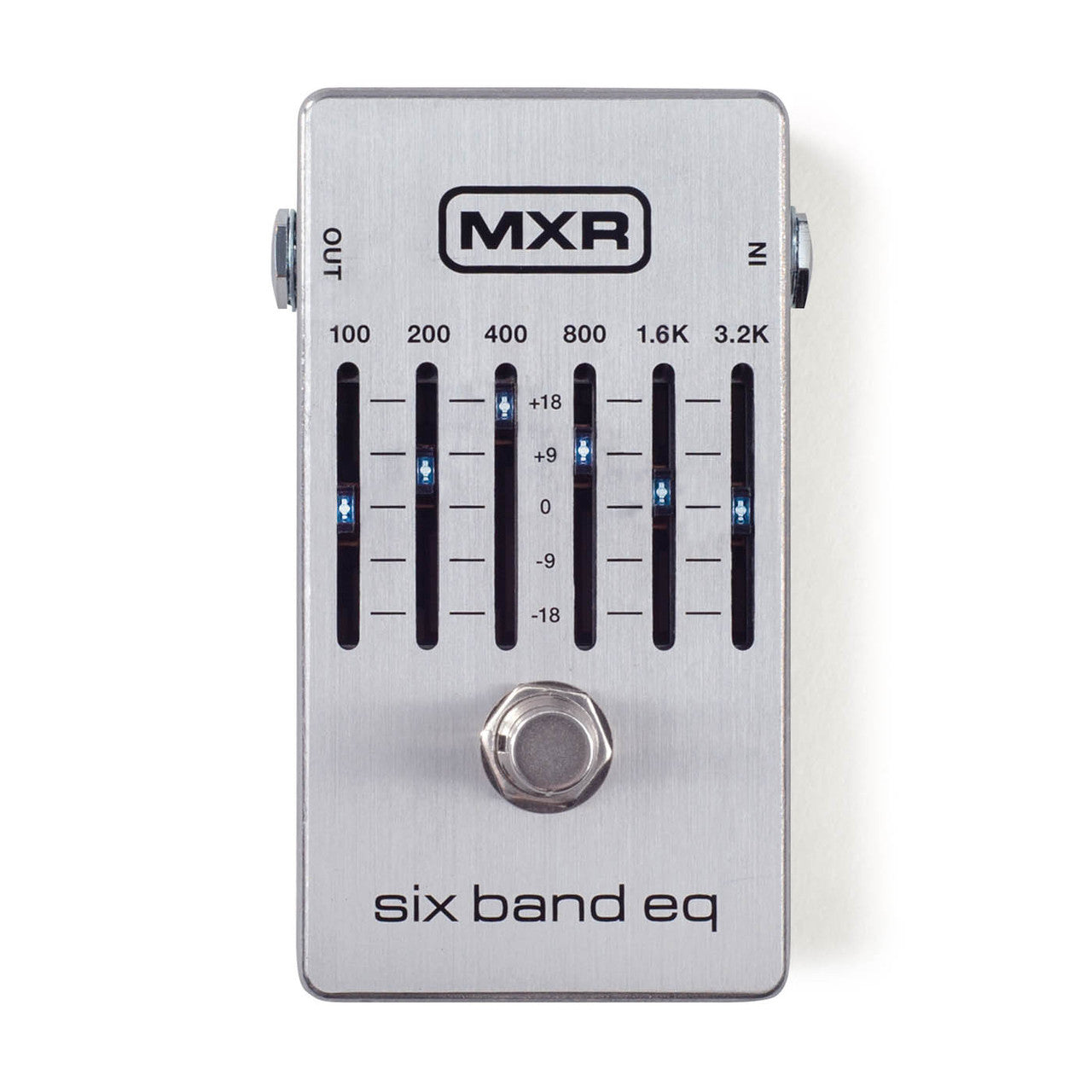 Silver MXR six band EQ effects pedal with six vertical sliders labeled by frequency, a central footswitch, and "six band eq" text at the bottom.
