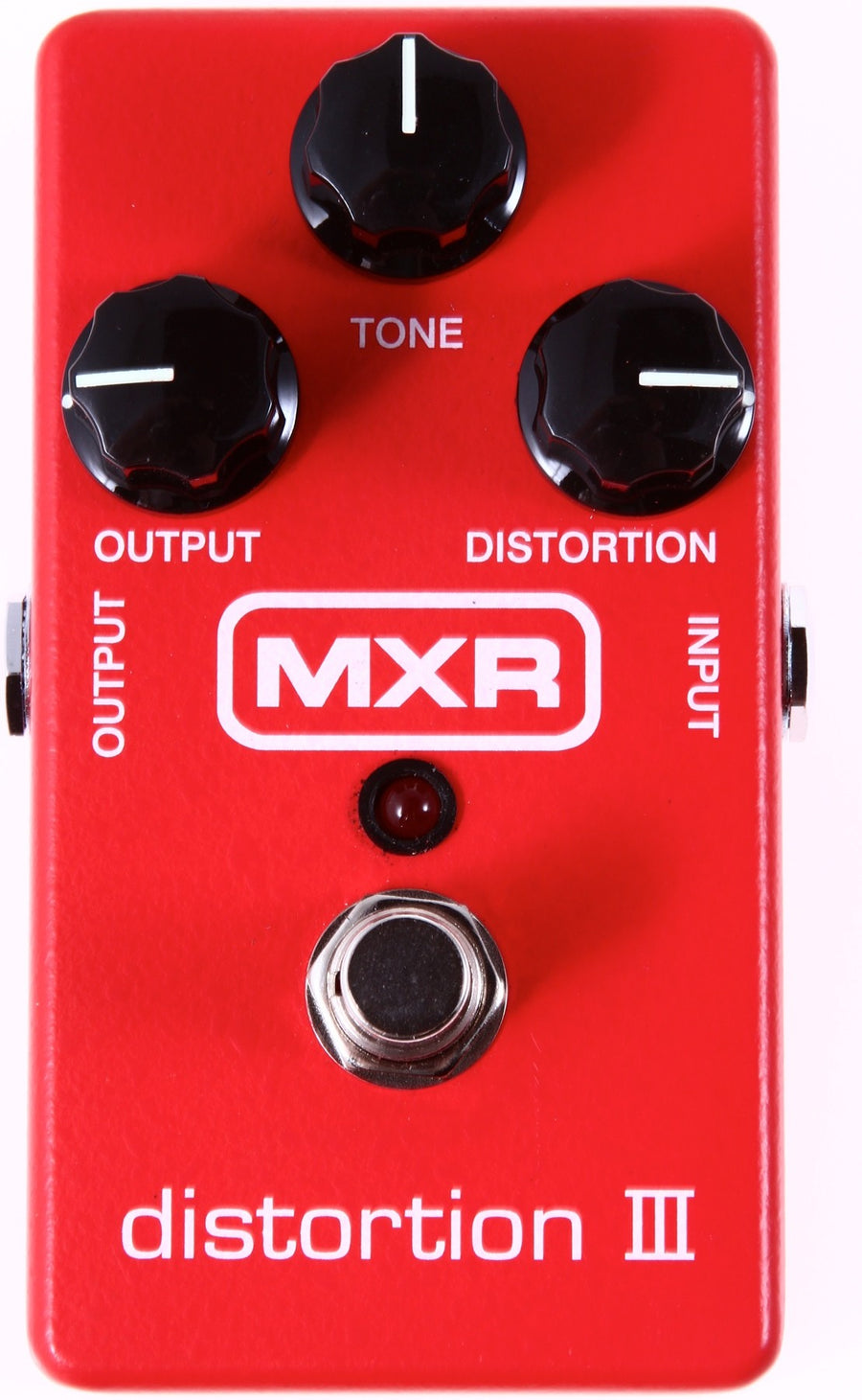 Red MXR Distortion III effects pedal with three black knobs labeled output, tone, distortion, an LED light, and a footswitch below.