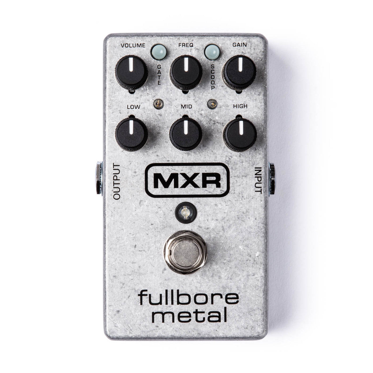 Silver MXR Fullbore Metal overdrive distortion pedal with six black knobs, three small buttons, LED, footswitch, and input/output jacks on the sides.