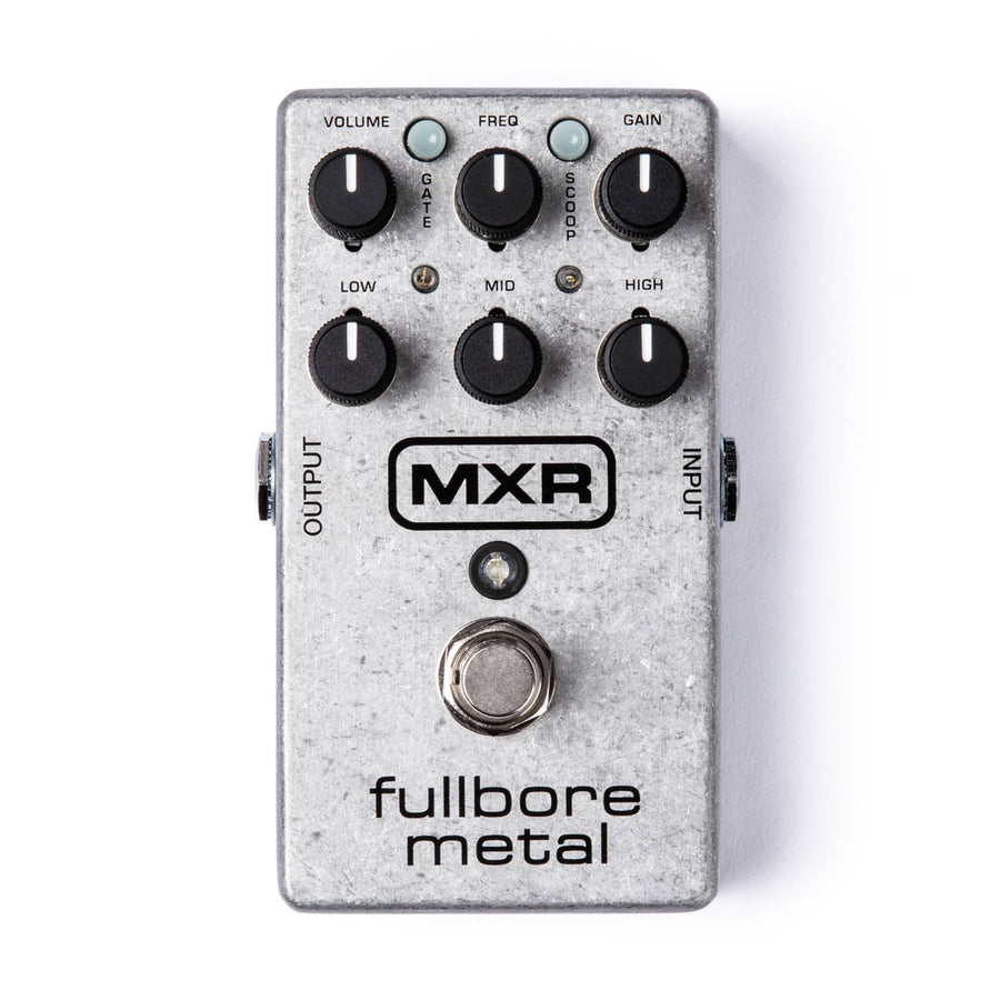Silver MXR Fullbore Metal overdrive distortion pedal with six black knobs, three small buttons, LED, footswitch, and input/output jacks on the sides.