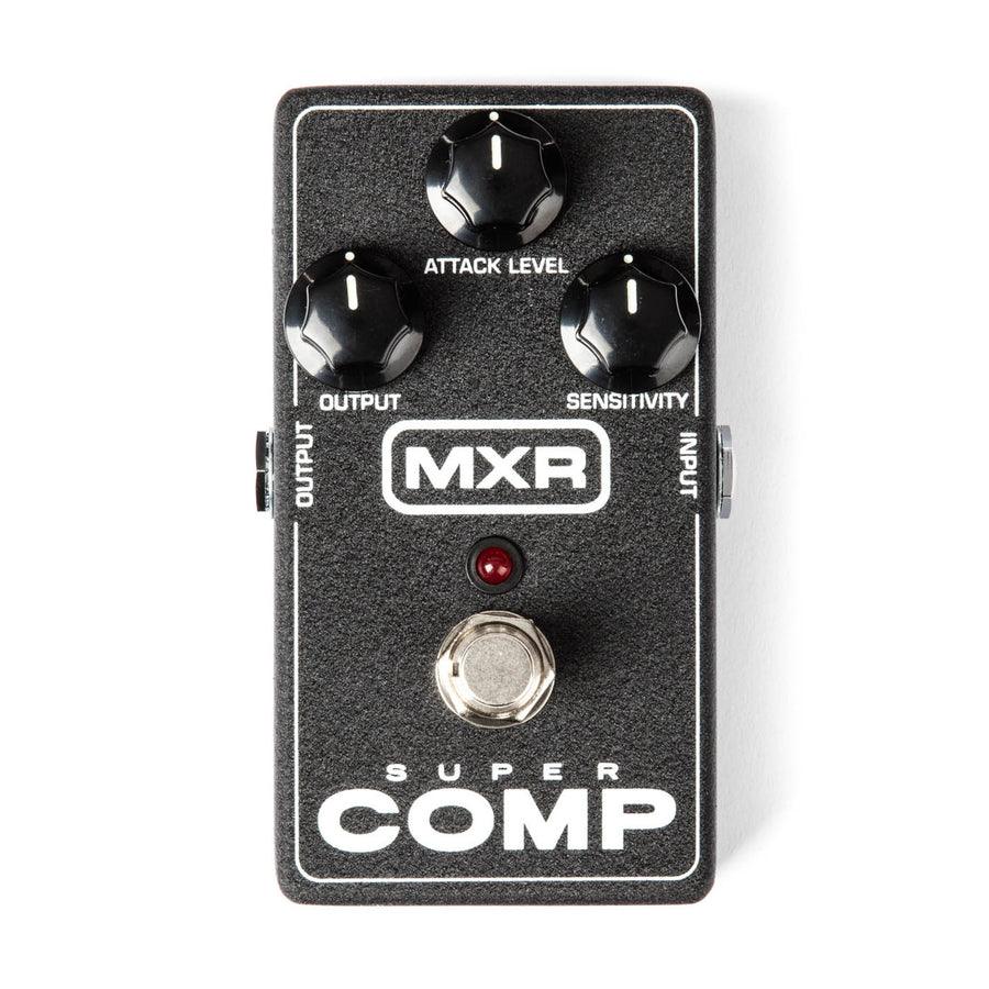 MXR Super Comp effects pedal with three knobs labeled Attack Level, Output, and Sensitivity, one footswitch, and a red LED indicator.
