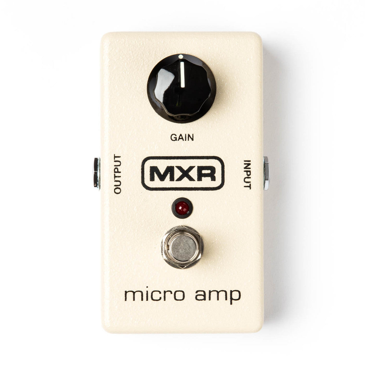 Cream-colored MXR Micro Amp effects pedal with one large gain knob, footswitch, small red LED, and input/output jacks on the sides.