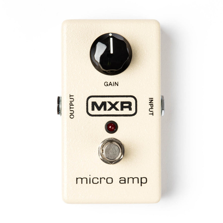 Cream-colored MXR Micro Amp effects pedal with one large gain knob, footswitch, small red LED, and input/output jacks on the sides.