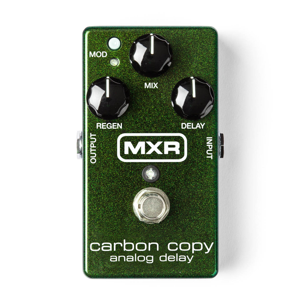 Green MXR Carbon Copy analog delay effects pedal with three knobs labeled Mix, Regen, Delay, a Mod switch, and a footswitch at the bottom.
