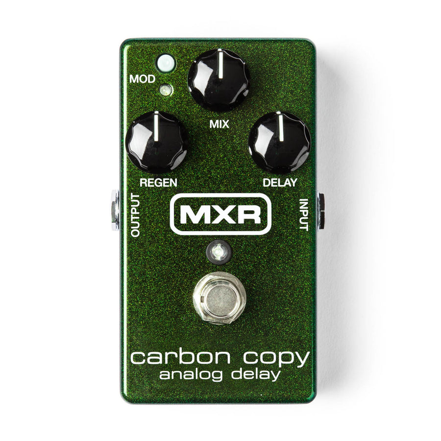 Green MXR Carbon Copy analog delay effects pedal with three knobs labeled Mix, Regen, Delay, a Mod switch, and a footswitch at the bottom.