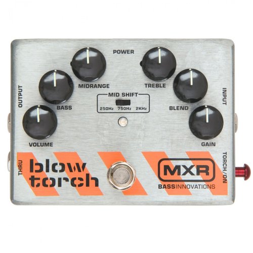 Silver MXR Blow Torch bass effects pedal with six black knobs labeled Volume, Bass, Midrange, Treble, Blend, Gain, plus a metal footswitch.