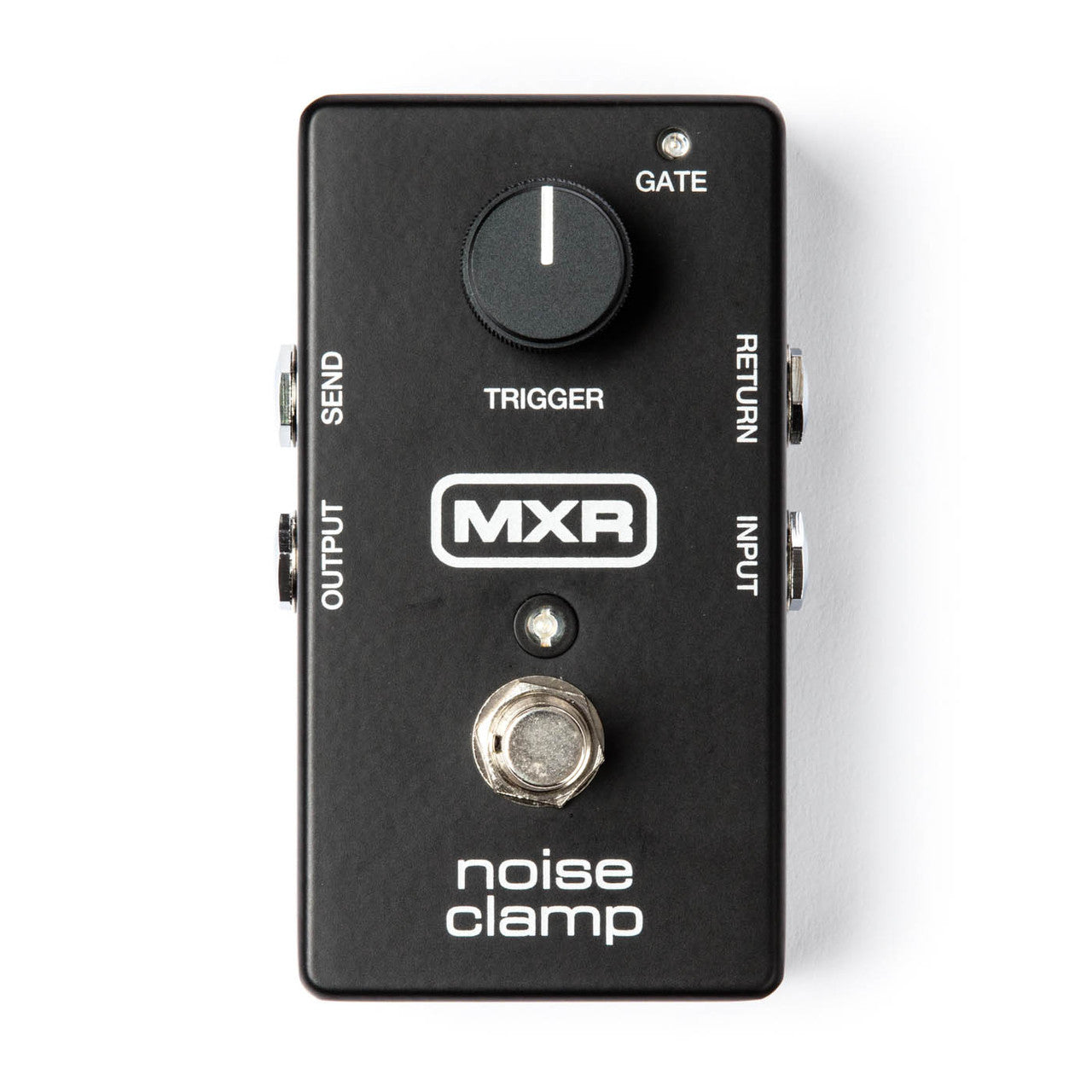 Black MXR Noise Clamp effects pedal with a large Trigger knob, input/output/send/return jacks on sides, footswitch, and Gate LED indicator.