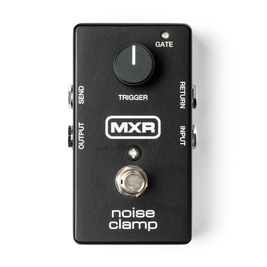 Black MXR Noise Clamp effects pedal with a large Trigger knob, input/output/send/return jacks on sides, footswitch, and Gate LED indicator.