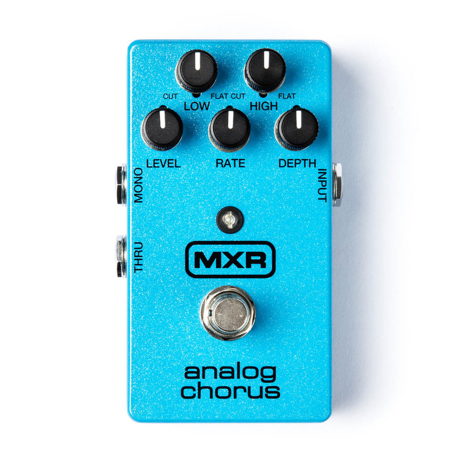 Bright blue MXR analog chorus effects pedal with five black knobs labeled Low, High, Level, Rate, and Depth, plus a silver footswitch.