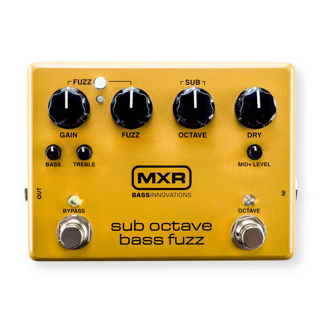Gold MXR sub octave bass fuzz effects pedal with four black knobs for gain, fuzz, octave, and dry, plus two footswitches labeled bypass and octave.