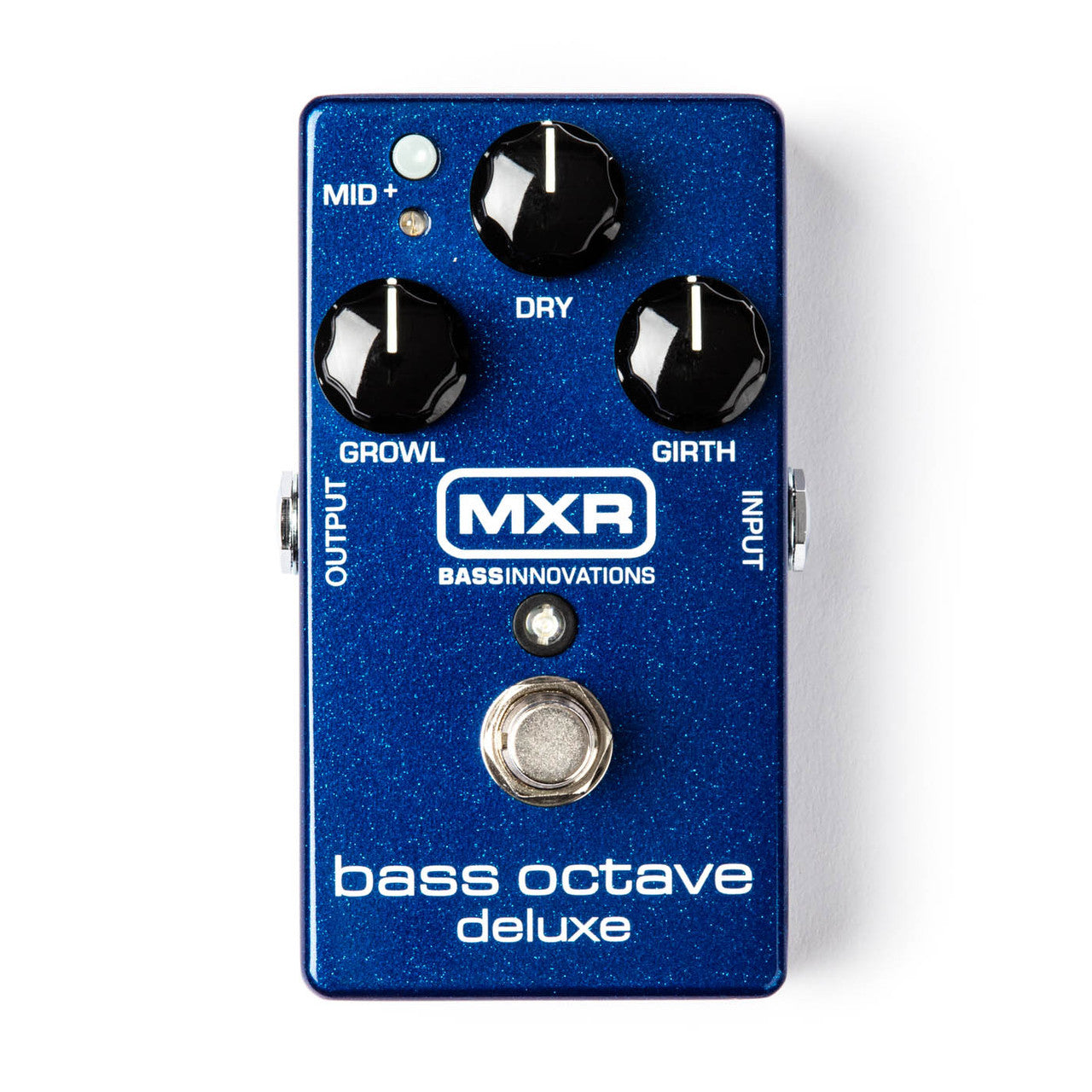 Blue MXR bass octave deluxe effects pedal with three knobs labeled Dry, Growl, and Girth, a footswitch, and a button labeled MID+.