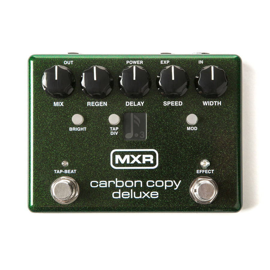 Green MXR Carbon Copy Deluxe effects pedal with five knobs, two footswitches, three small buttons, and a small display on the front panel.