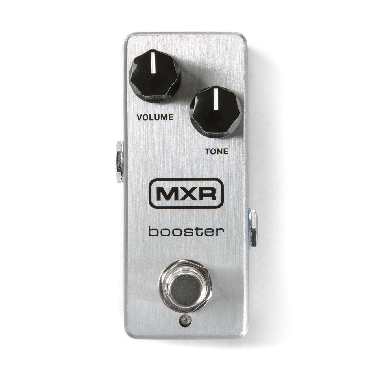 Silver MXR booster effects pedal with two black knobs labeled Volume and Tone, plus a footswitch and small LED indicator below.