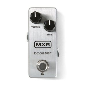 Silver MXR booster effects pedal with two black knobs labeled Volume and Tone, plus a footswitch and small LED indicator below.