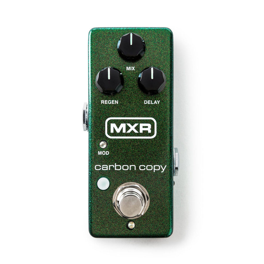 Green MXR Carbon Copy effects pedal with three knobs labeled Mix, Regen, and Delay, a Mod switch, and a footswitch at the bottom.