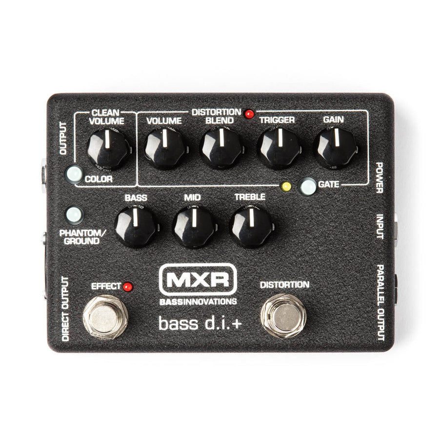 MXR bass d.i.+ effects pedal with ten black control knobs, two silver footswitches, labeled inputs, outputs, and indicator LEDs on a black box.