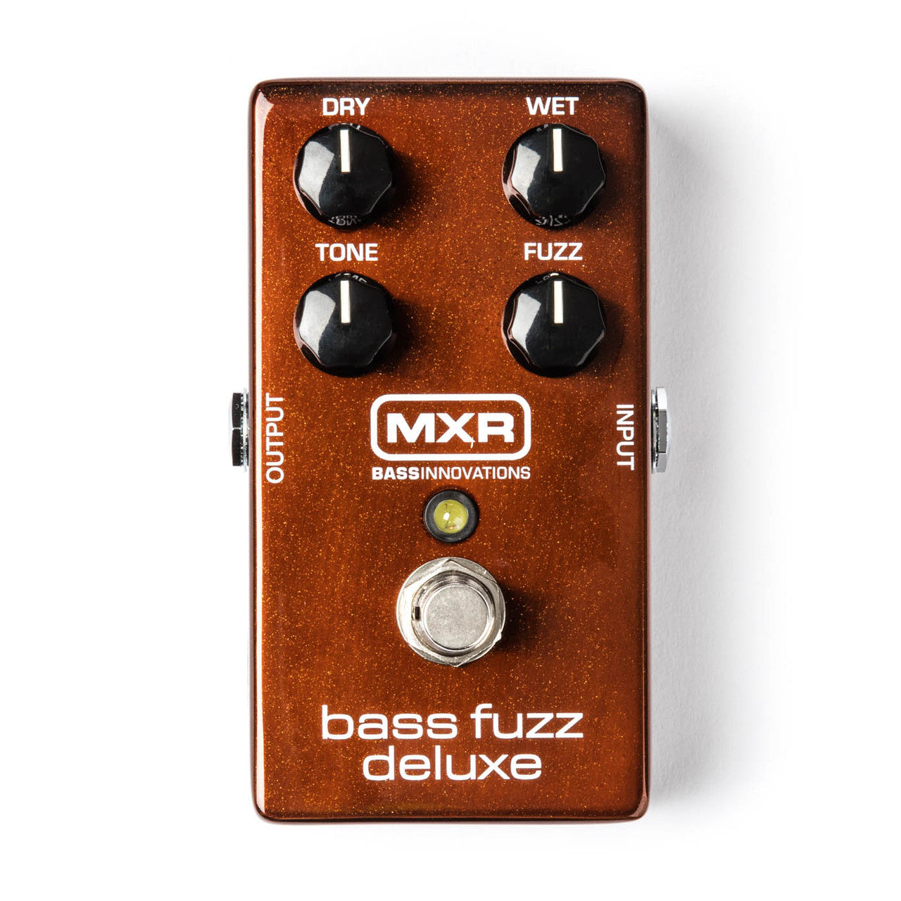 Brown MXR Bass Fuzz Deluxe effects pedal with four knobs labeled Dry, Wet, Tone, Fuzz, a footswitch, and a yellow LED indicator.