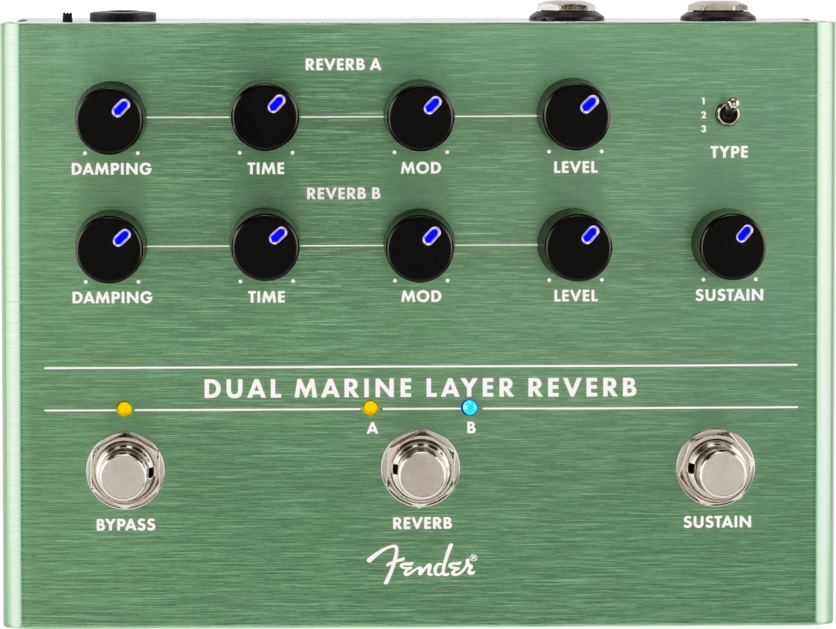 Green Fender Dual Marine Layer Reverb effects pedal with eight control knobs, three footswitches, a small toggle switch, and labeled sections for two reverbs.