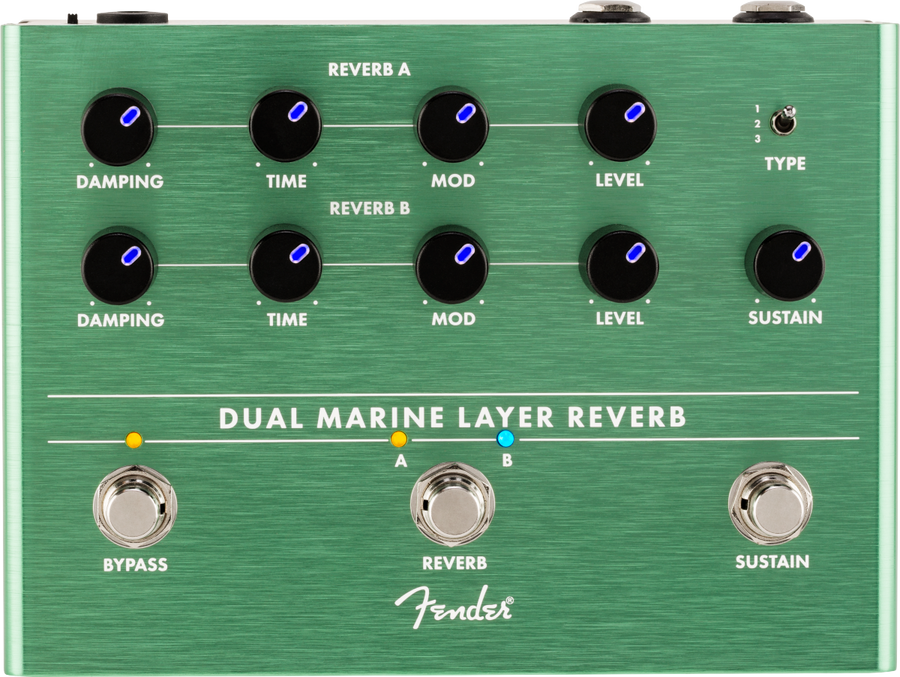 Green Fender Dual Marine Layer Reverb effects pedal with eight control knobs, three footswitches, a small toggle switch, and labeled sections for two reverbs.