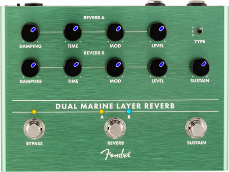 Green Fender Dual Marine Layer Reverb effects pedal with eight control knobs, three footswitches, a small toggle switch, and labeled sections for two reverbs.