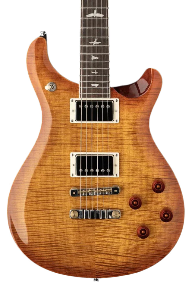 Glossy electric guitar with a light brown flame maple finish, dual humbucker pickups, four knobs, and bird inlays on the fretboard.