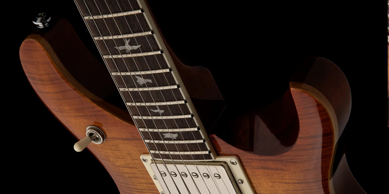 Curved wood electric guitar body with a toggle switch and fretboard inlays shaped like birds.