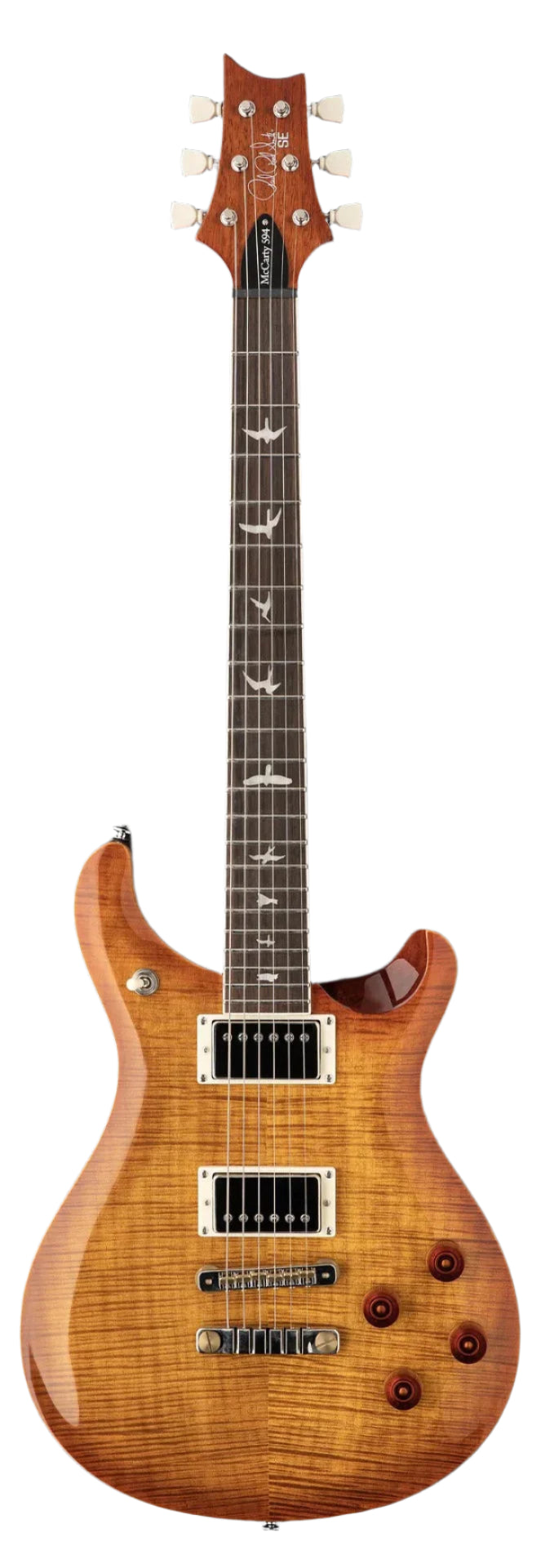 Sunburst-finish electric guitar with bird inlays on a dark fretboard, two humbucker pickups, four amber control knobs, and a double-cutaway body.