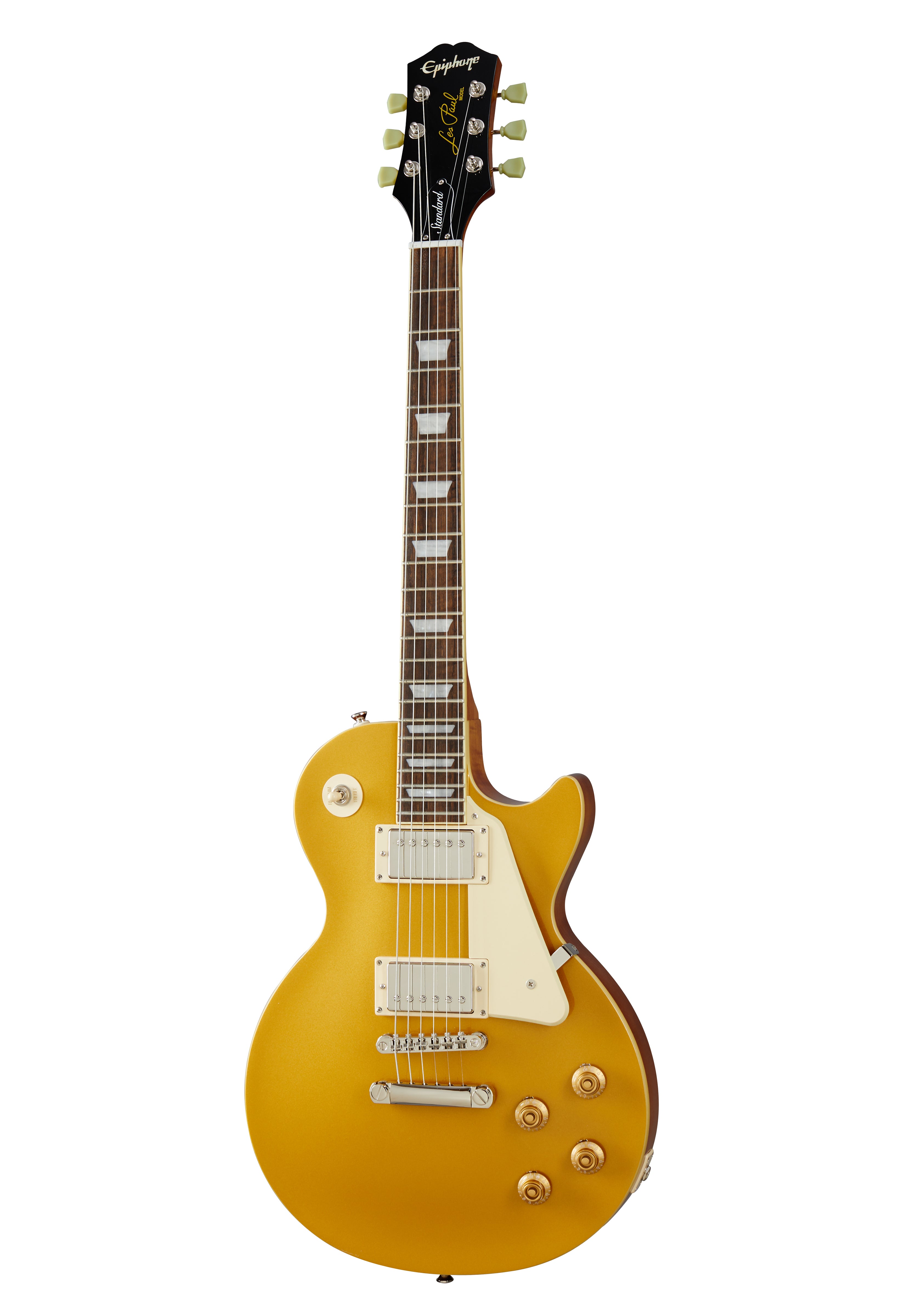 Epiphone Les Paul electric guitar in metallic gold with cream pickguard, four control knobs, two pickups, and pearl inlays on a rosewood fretboard.