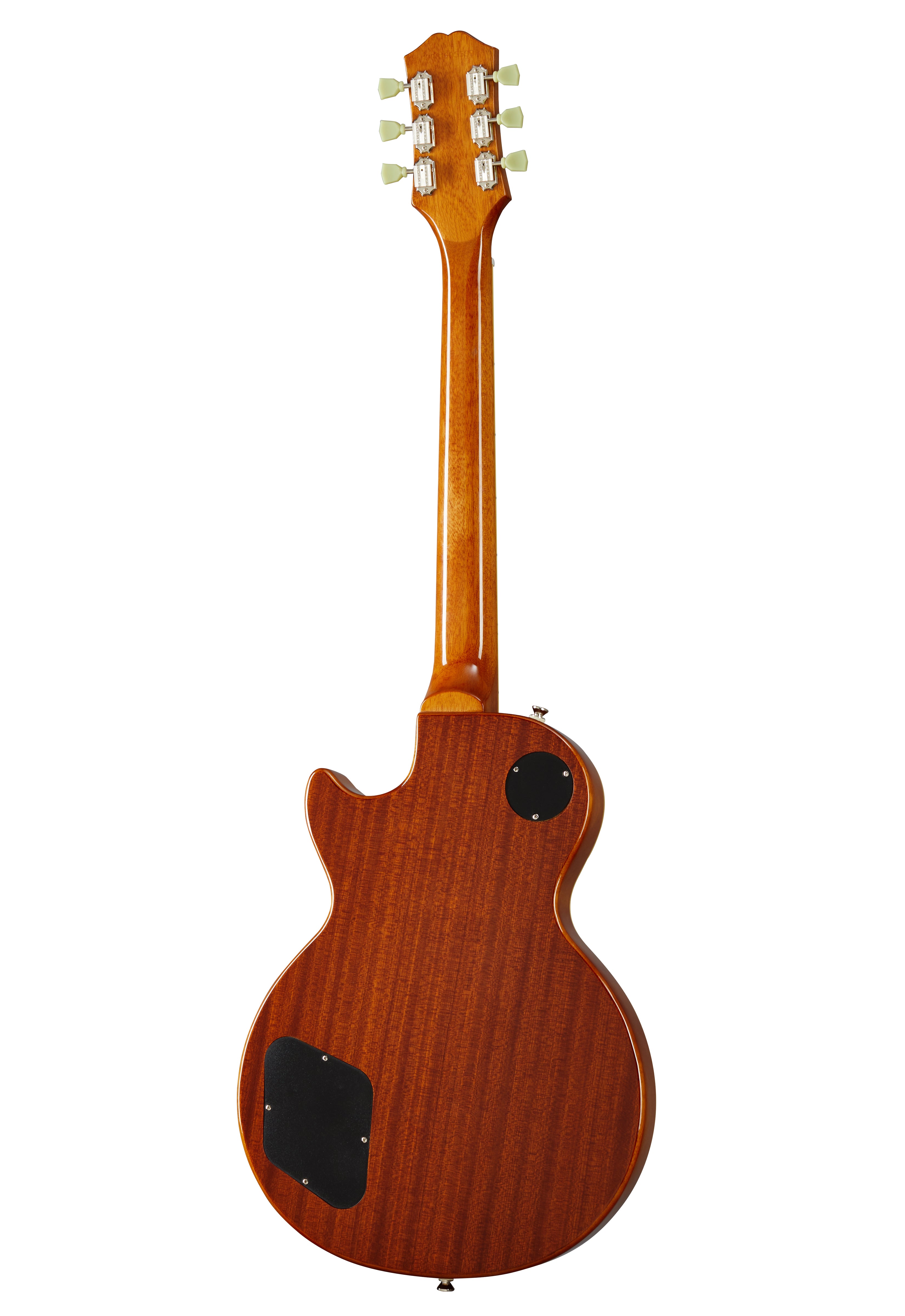 Electric guitar shown from the back, with a glossy brown wood finish and two black plastic plates on the body.