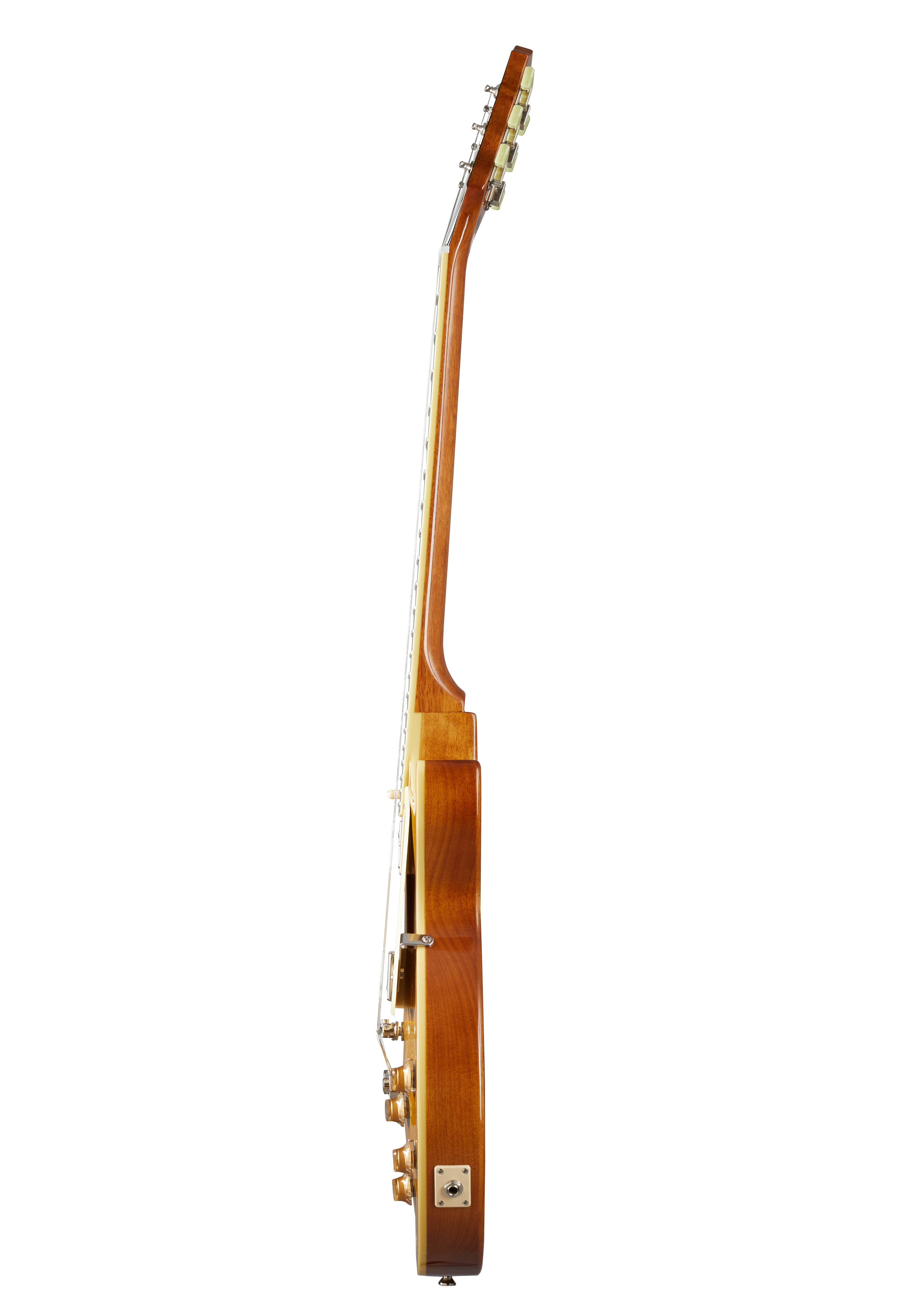 Side view of a wooden electric guitar showing its thickness, neck, tuning pegs, output jack, and control knobs.