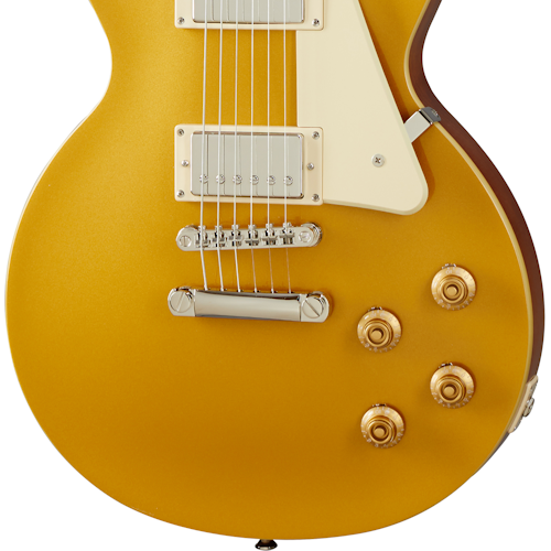 Gold electric guitar body with two humbucker pickups, a cream pickguard, four gold knobs, and chrome bridge hardware.