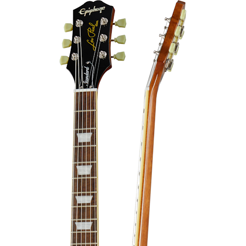 Epiphone Les Paul electric guitar headstock and neck, showing tuning pegs, inlays, and "Les Paul Standard" script on black headstock face.