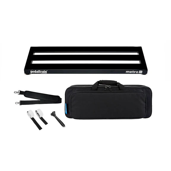 Pedaltrain Metro 24 pedalboard with a black padded carrying case, shoulder strap, Velcro strips, and cable ties for organizing guitar effects pedals.