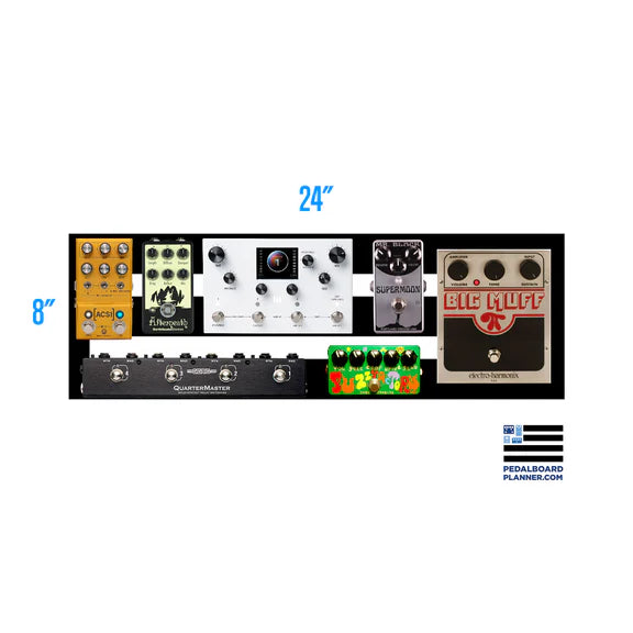 Guitar pedalboard setup measuring 24 inches by 8 inches, displaying seven different effect pedals arranged in a single row.