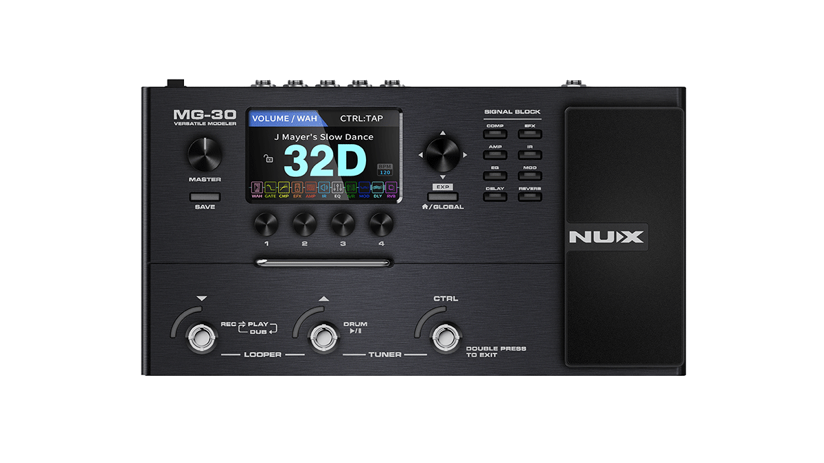 Rectangular NUX MG-30 FX pedal with screen, multiple knobs, labeled buttons, footswitches, and a large black expression pedal on the right.