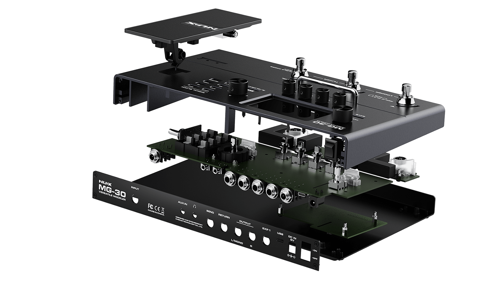 Exploded view of NUX MG-30 FX pedal showing separate layers: top case, knobs, electronic circuit board, jacks, and bottom panel with labeled ports.