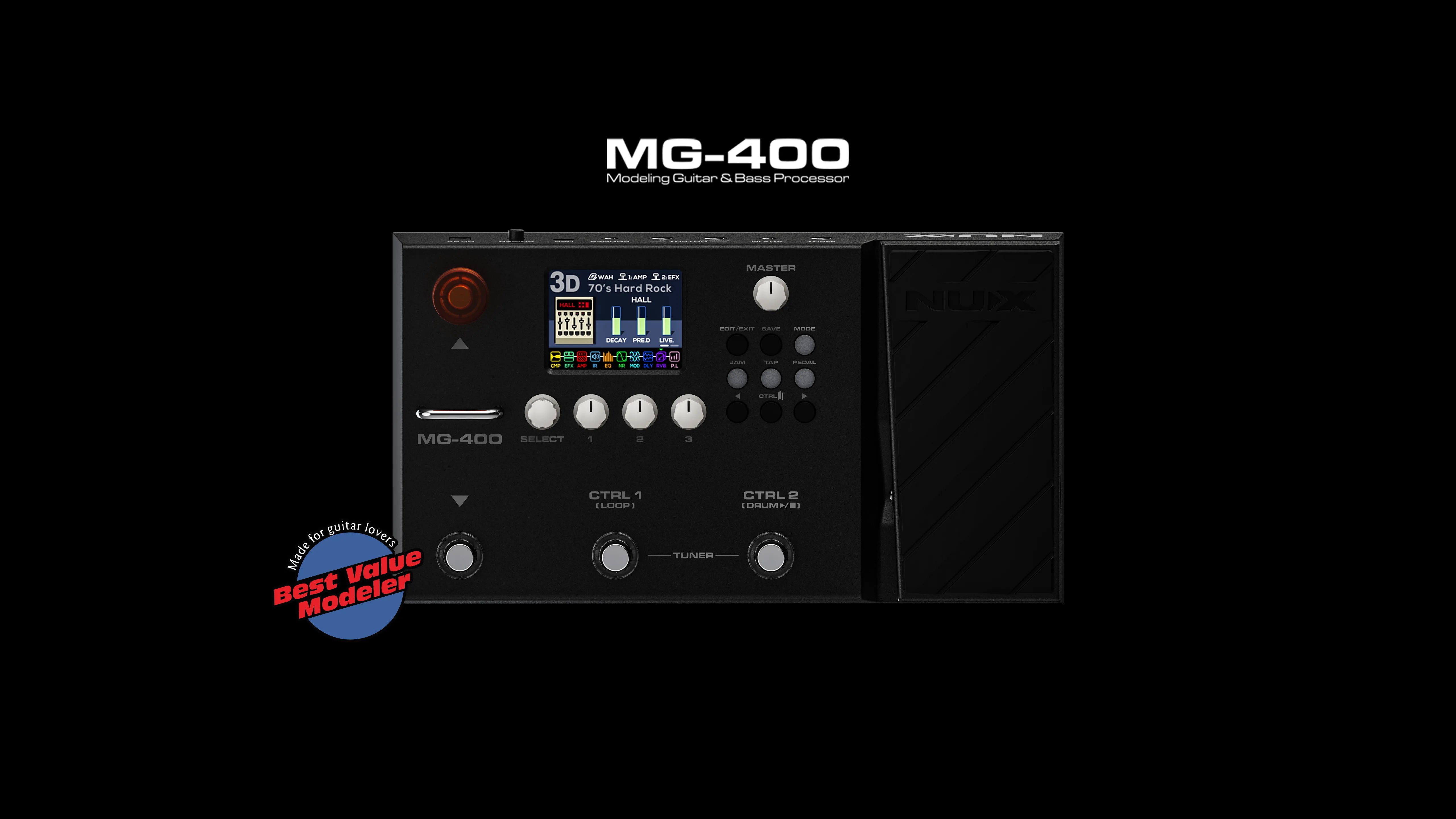 NUX MG-400 modeling guitar and bass FX pedal with screen, knobs, buttons, footswitches, and an expression pedal on the right.