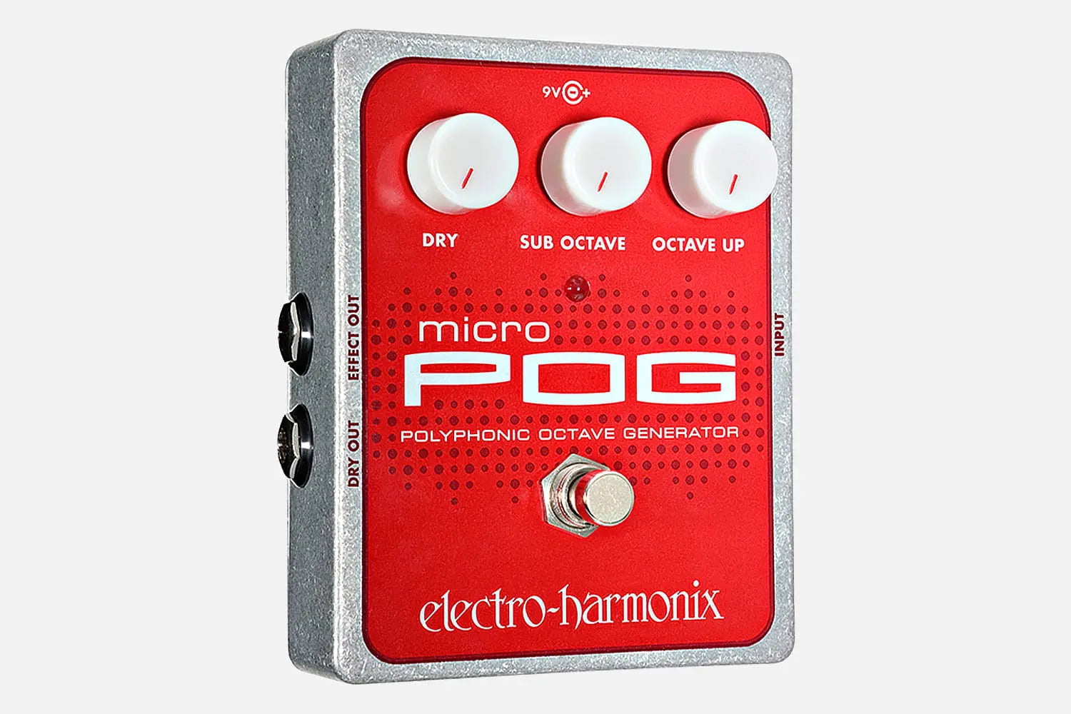 Red Electro-Harmonix Micro POG effects pedal with three white knobs labeled Dry, Sub Octave, Octave Up, and a footswitch on the bottom.