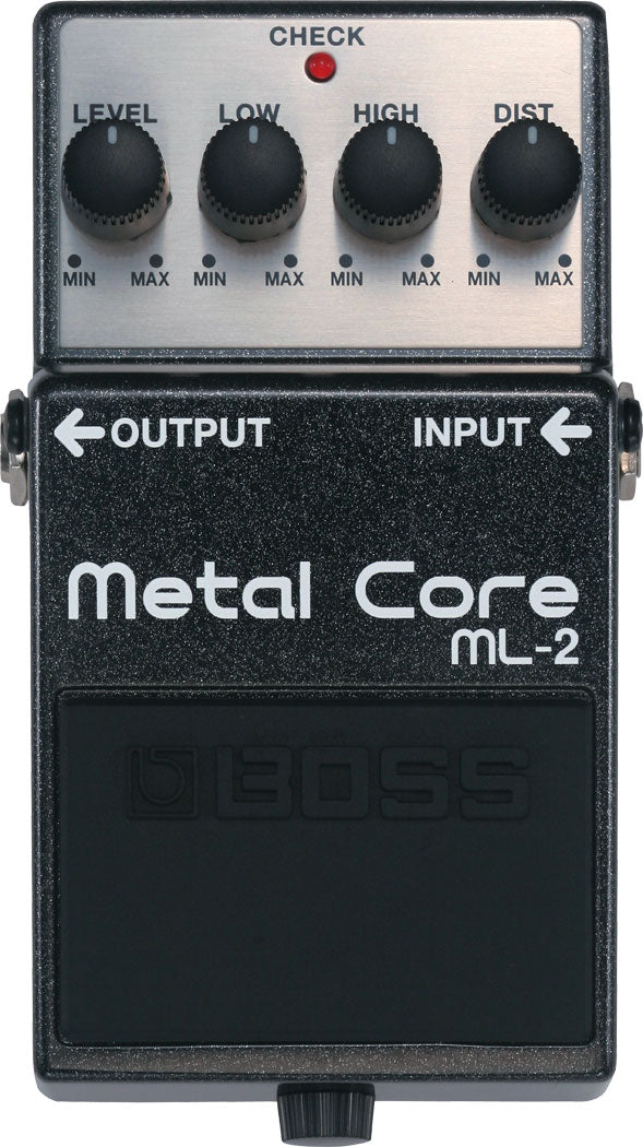 Boss Metal Core ML-2 effects pedal with four knobs labeled Level, Low, High, Dist, and jacks marked Output and Input.