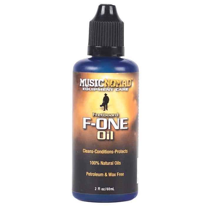 Blue bottle of Music Nomad F-ONE Oil for fretboards, 2 oz, labeled as natural, petroleum and wax free, for cleaning, conditioning, and protecting.