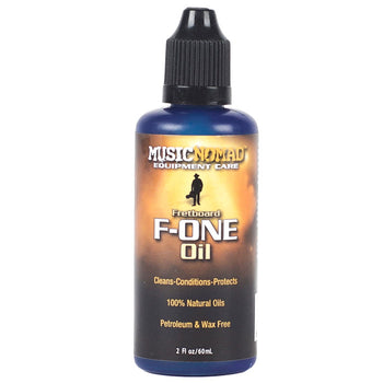 Blue bottle of Music Nomad F-ONE Oil for fretboards, 2 oz, labeled as natural, petroleum and wax free, for cleaning, conditioning, and protecting.