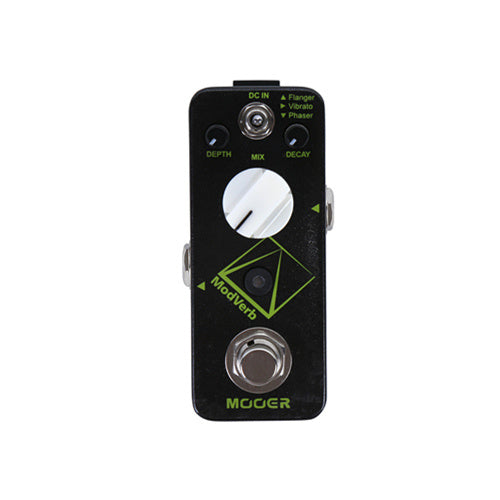 Black Mooer ModVerb effects pedal with three control knobs, a footswitch, and a small toggle for flanger, vibrato, and phaser modes.