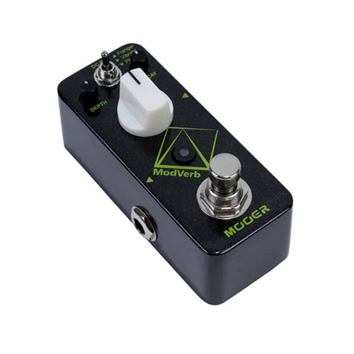 Black Mooer ModVerb effects pedal with a white knob, small toggle switch labeled Depth, footswitch, and green geometric graphics on top panel.