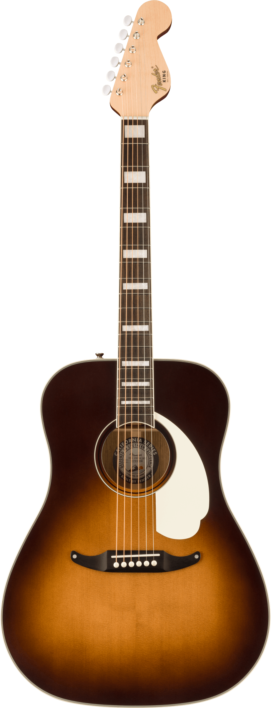 Sunburst finish acoustic guitar with a white pickguard, rectangular fretboard inlays, and six tuning pegs on a maple headstock.