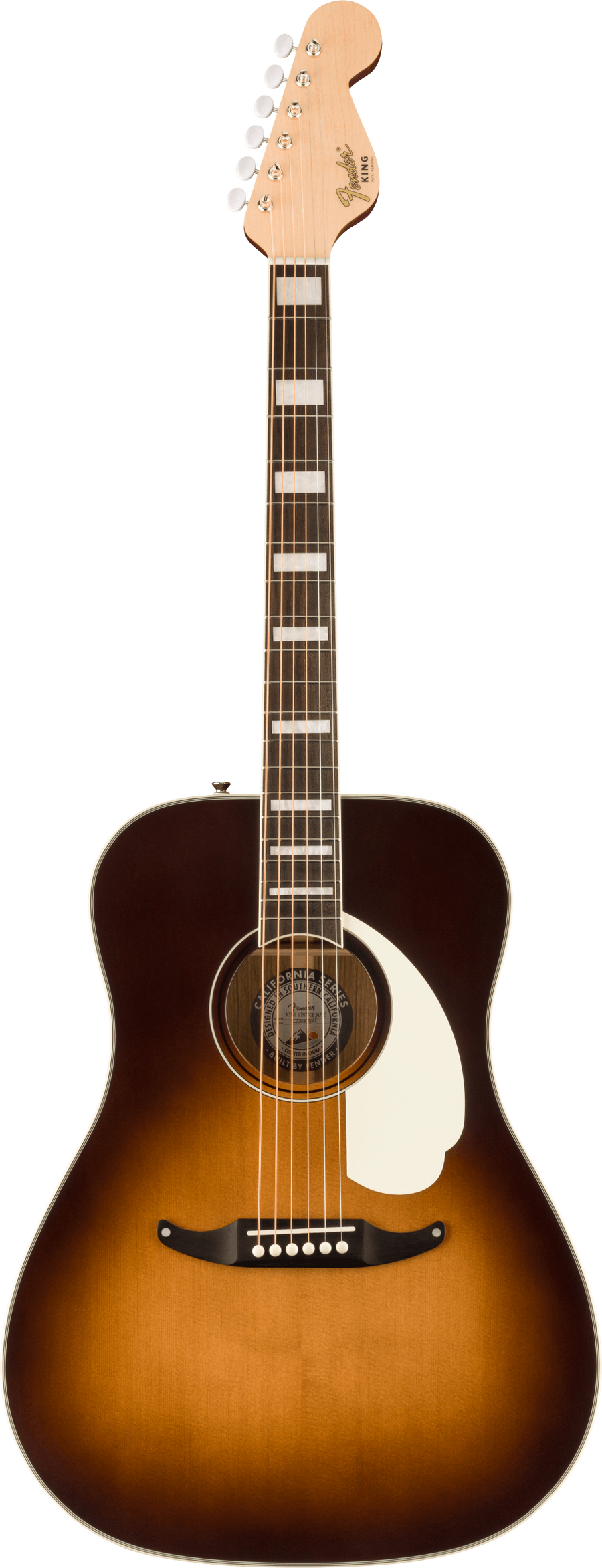 Sunburst finish acoustic guitar with a white pickguard, rectangular fretboard inlays, and six tuning pegs on a maple headstock.