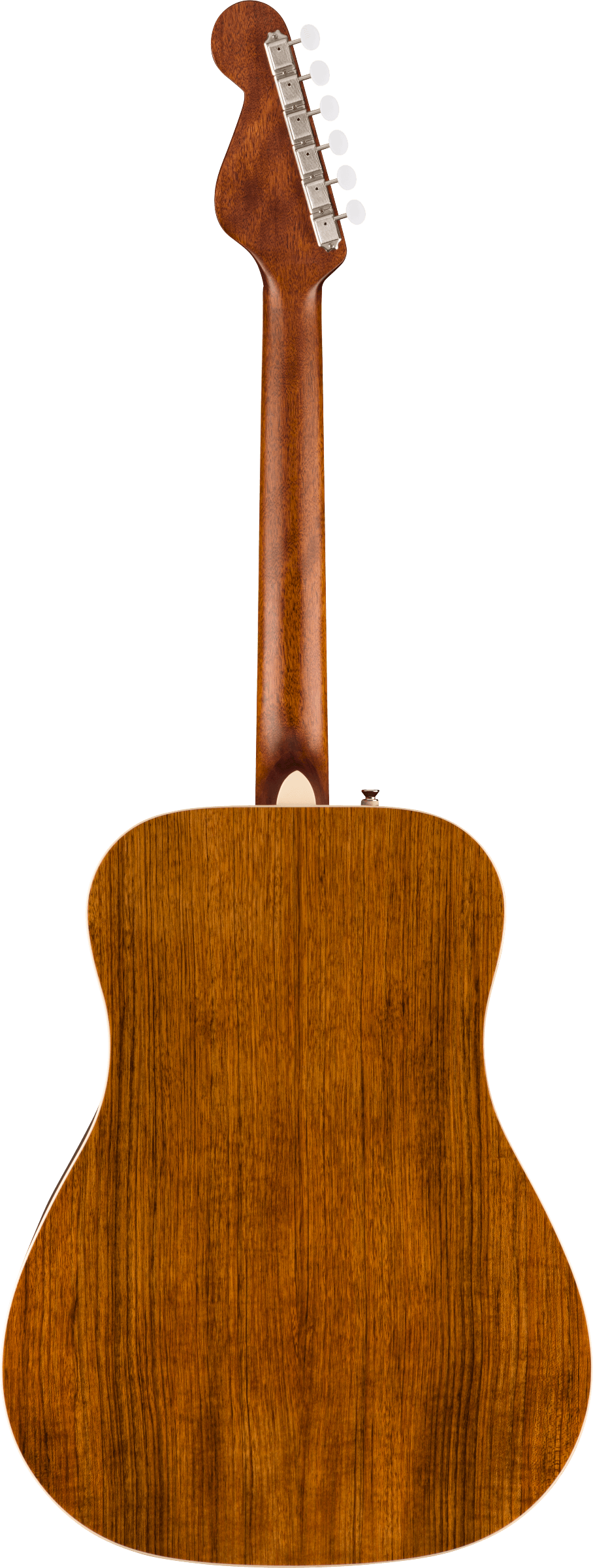 Rear view of a wooden acoustic guitar showing dark brown grain, sloped shoulders, and six metal tuning pegs on the headstock.