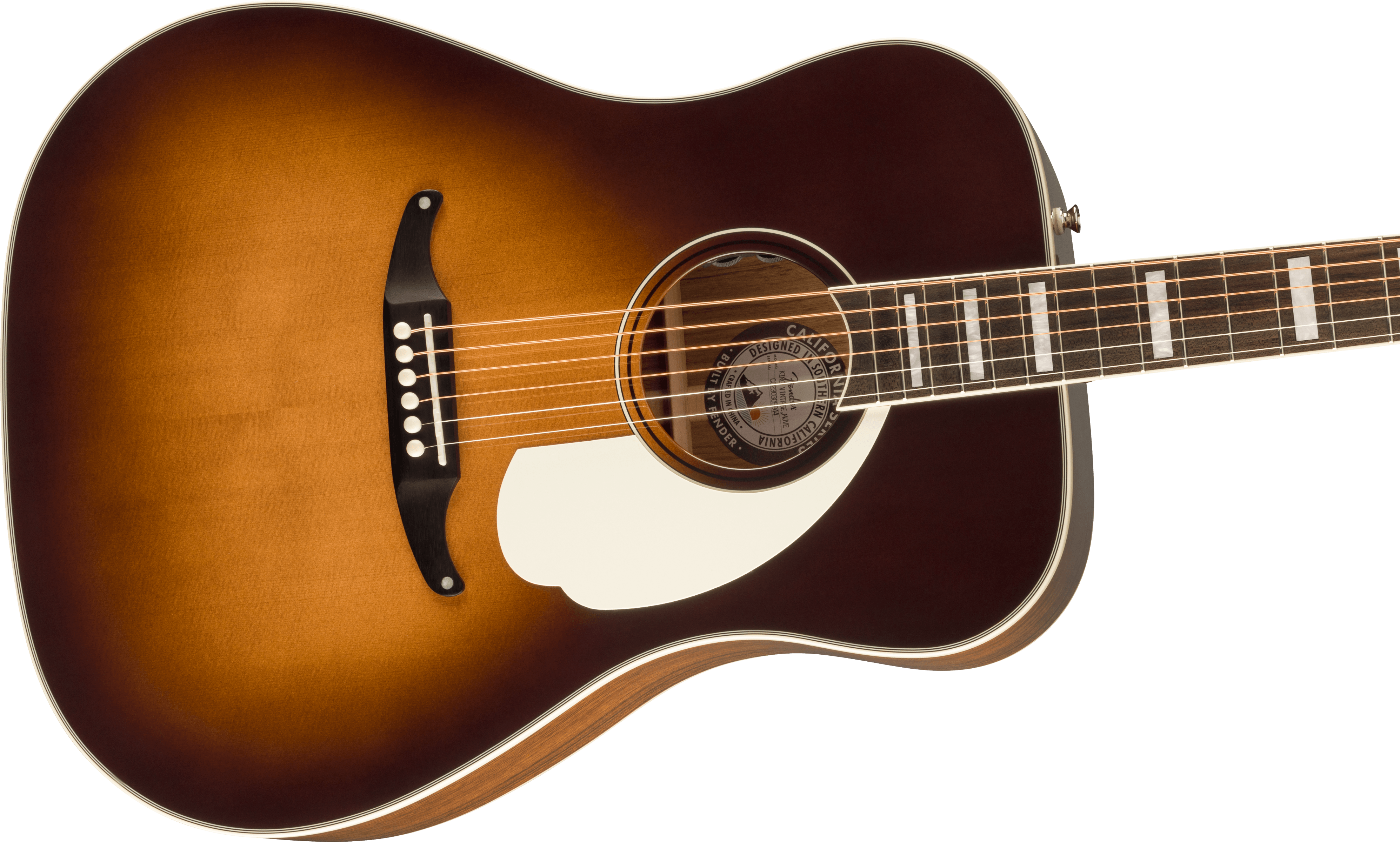 Sunburst acoustic guitar with a dark brown border, white pickguard, black bridge, six strings, and rectangular inlays on a dark fretboard.