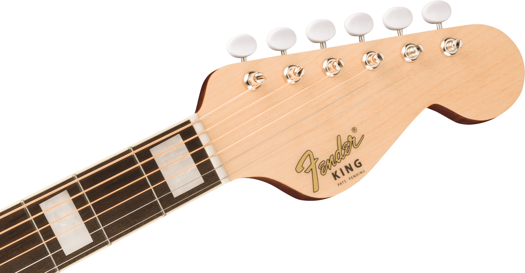 Close-up of a Fender King acoustic guitar headstock, showing six tuning pegs and logo on a light wood finish.