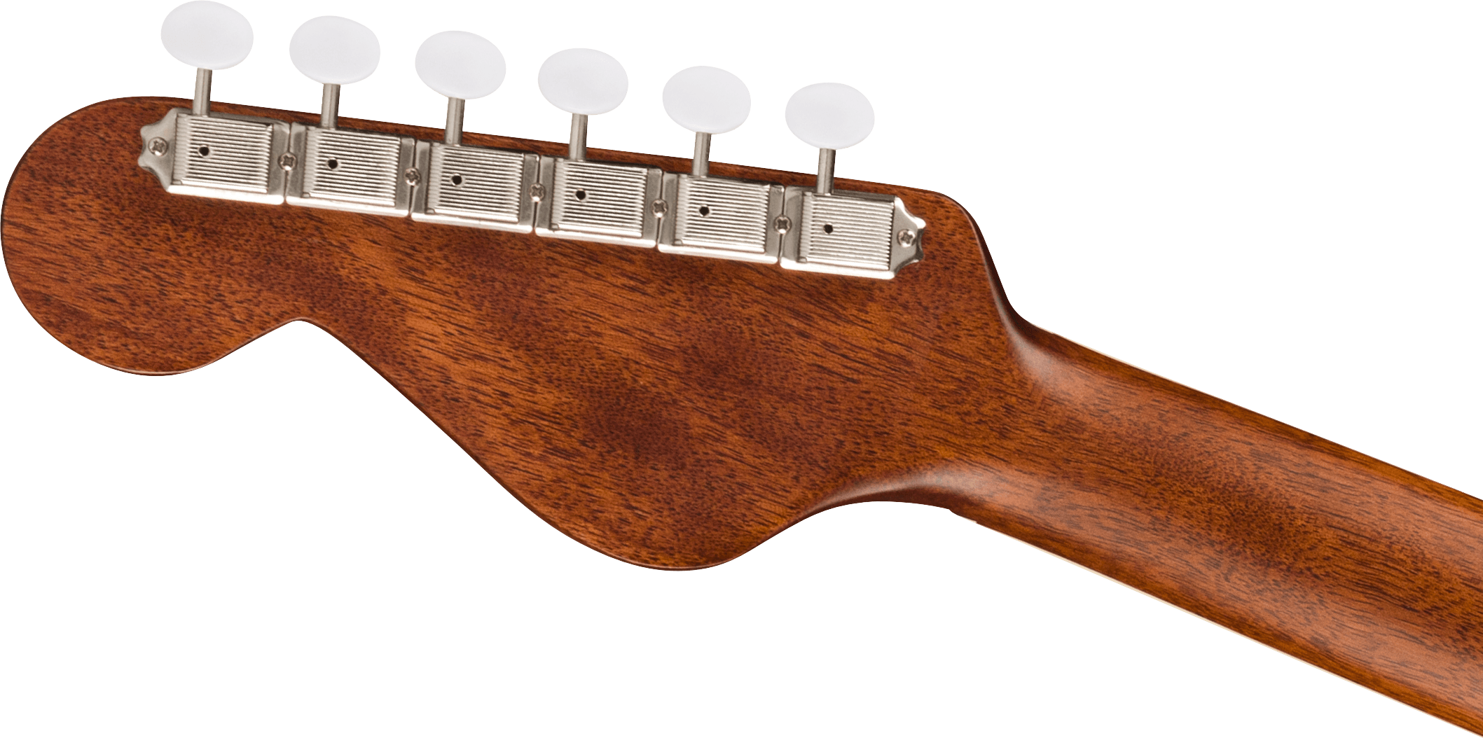 Rear view of an acoustic guitar headstock with six white tuning pegs and a smooth brown wood finish.